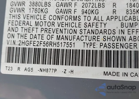 2024 Honda Civic Sport from USA, damaged, VIN 2HGFE2F56RH517551